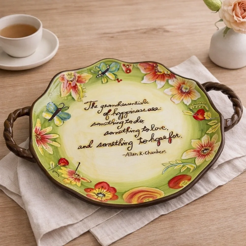 Cypress Hand‎ Painted Floral Serving Tray w Handles Quote Platter 15